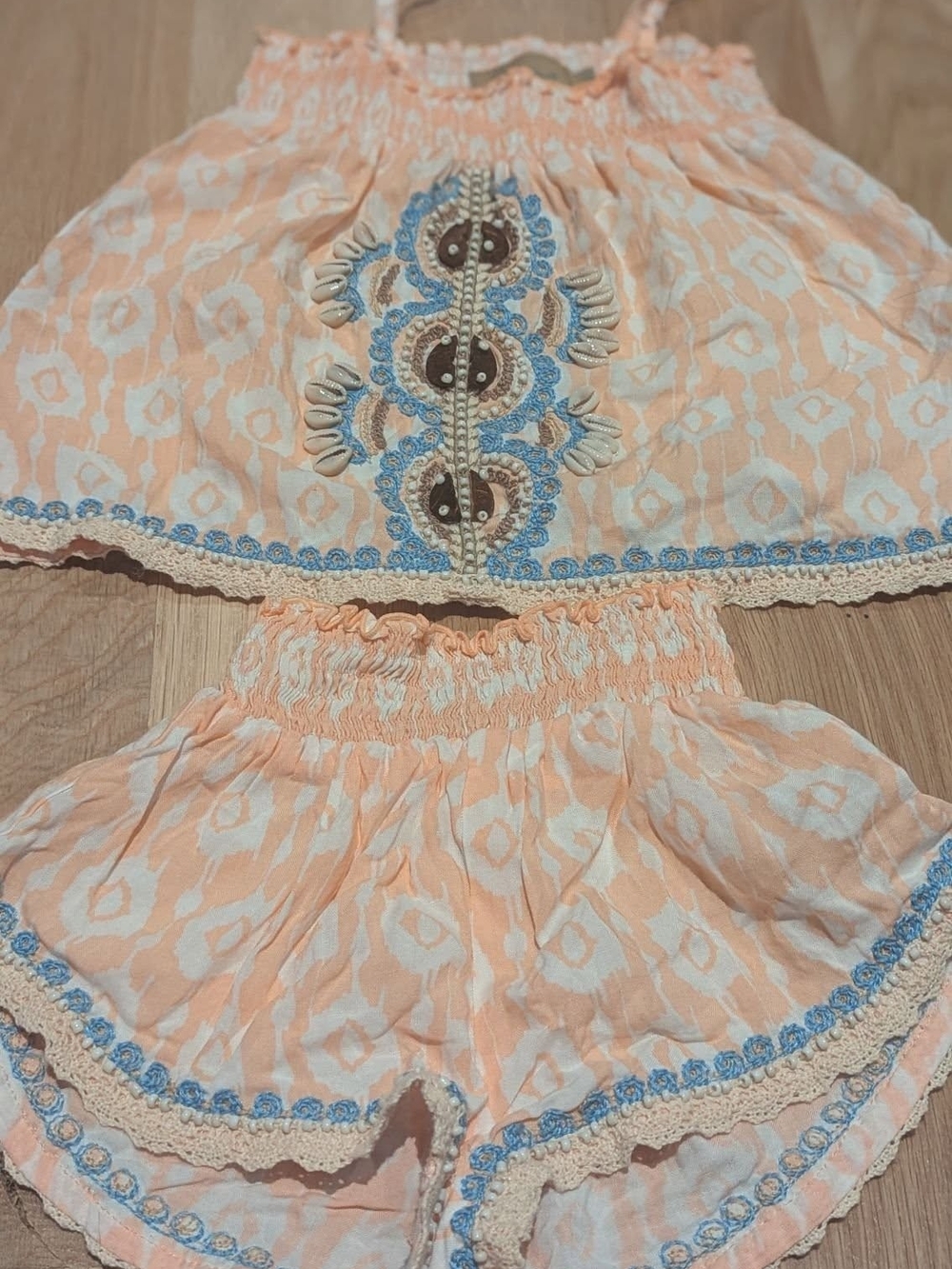 Skemo Peach and White Girls’ Embroidered Shorts Set with Blue Trim